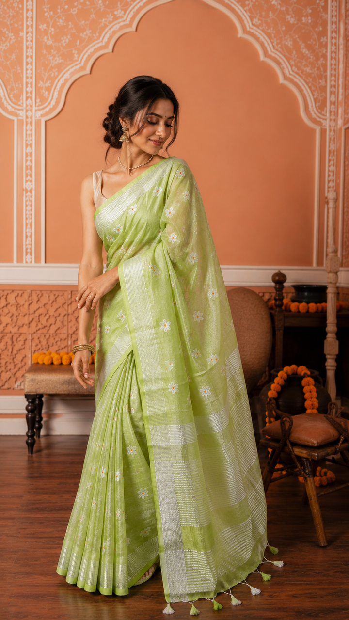 Parrot Green Linen Saree with Parijaat Flower Embroidery  | Shobitam saree