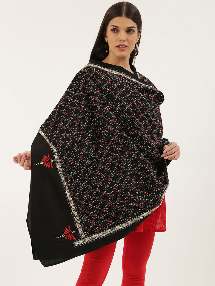 Black Kantha Cotton Dupatta | SHOBITAM