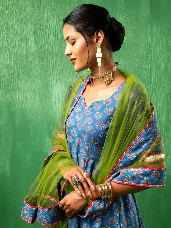 ADAA LOTUS BLUE COTTON ANARKALI SET | SHOBITAM