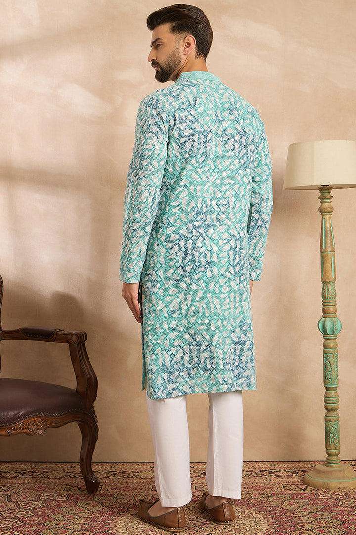 Teal Viscose Rayon Solid Printed Straight Kurta  | SHOBITAM