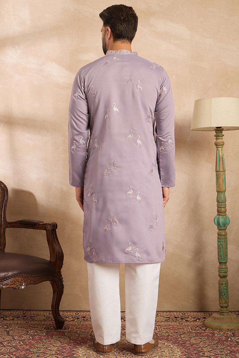 Lavender Silk Blend Solid Embroidered Straight Kurta With Trouser | SHOBITAM