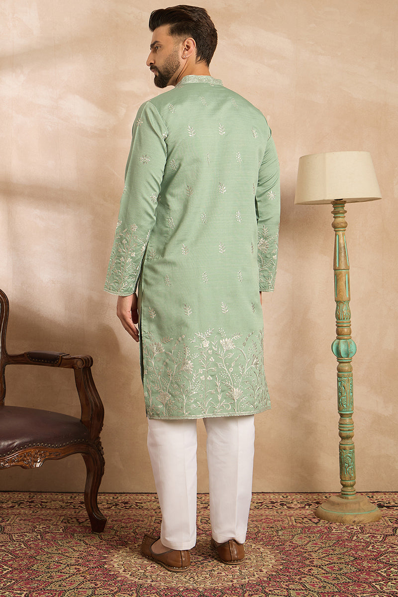Green Silk Blend Solid Embroidered Straight Kurta With Trouser | SHOBITAM