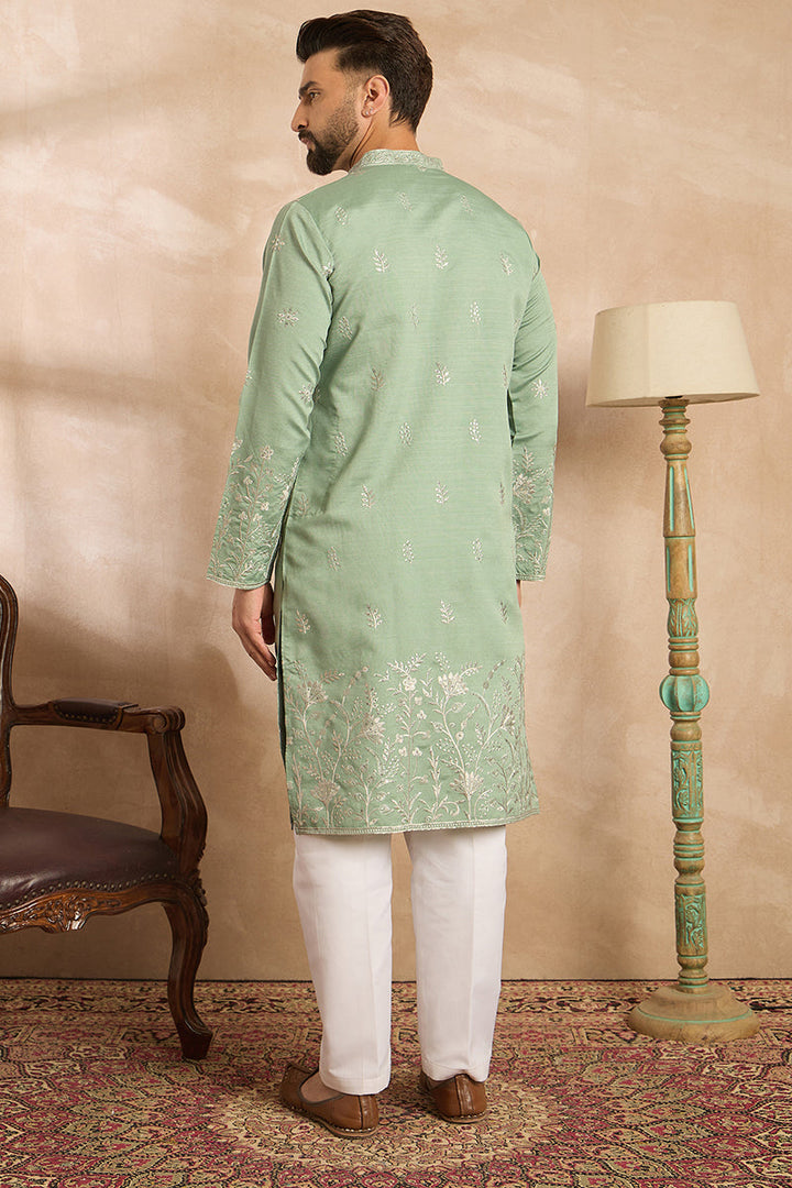 Green Silk Blend Solid Embroidered Straight Kurta With Trouser | SHOBITAM