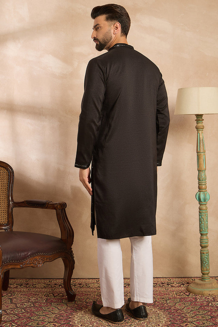 Black Silk Blend Geometric Embroidered Straight Kurta | SHOBITAM