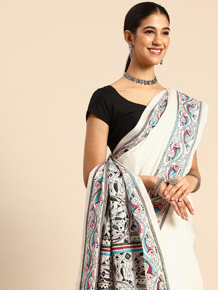 Handloom White Silk Kantha Saree with Blouse piece