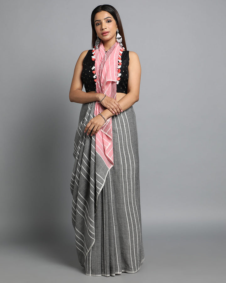 Gray Handwoven Cotton Saree with pompoms