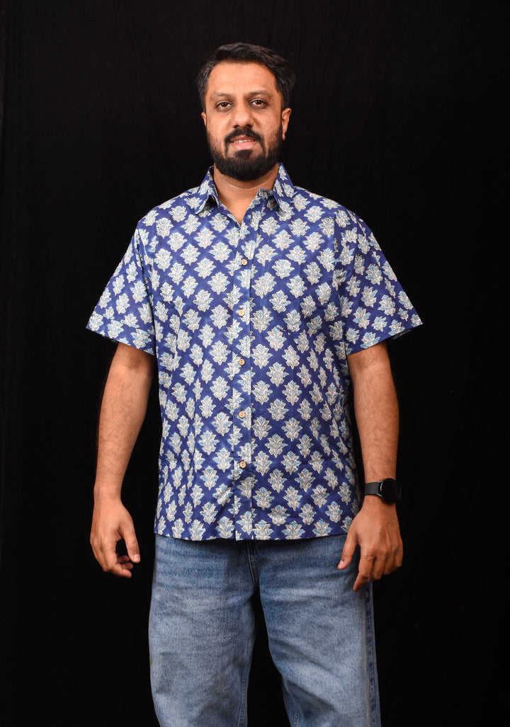 Blue White Bagru Handblock Printed Cotton Mens Shirt Heer