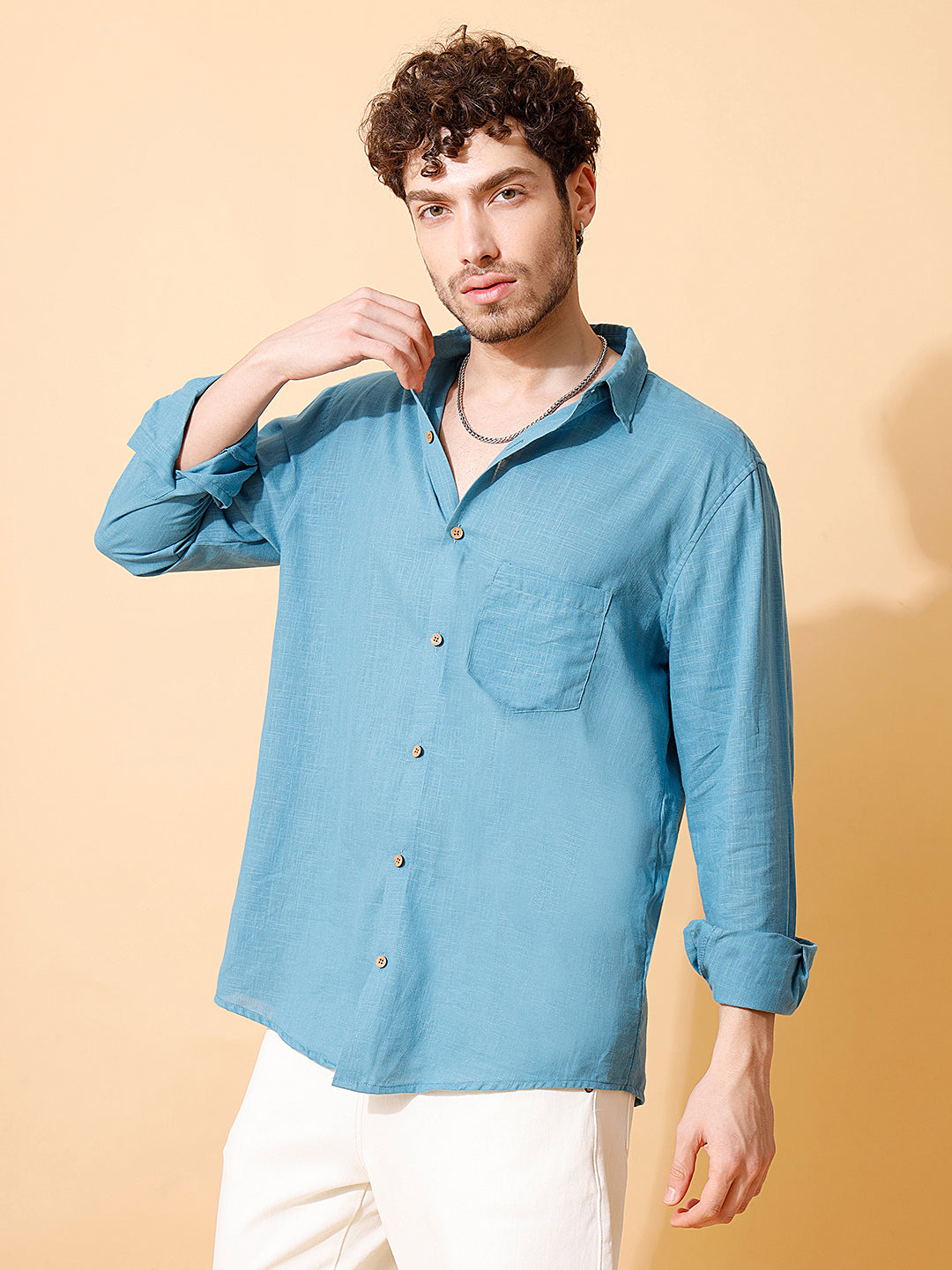Men Handloom Cotton Solid Shirt in Blue
