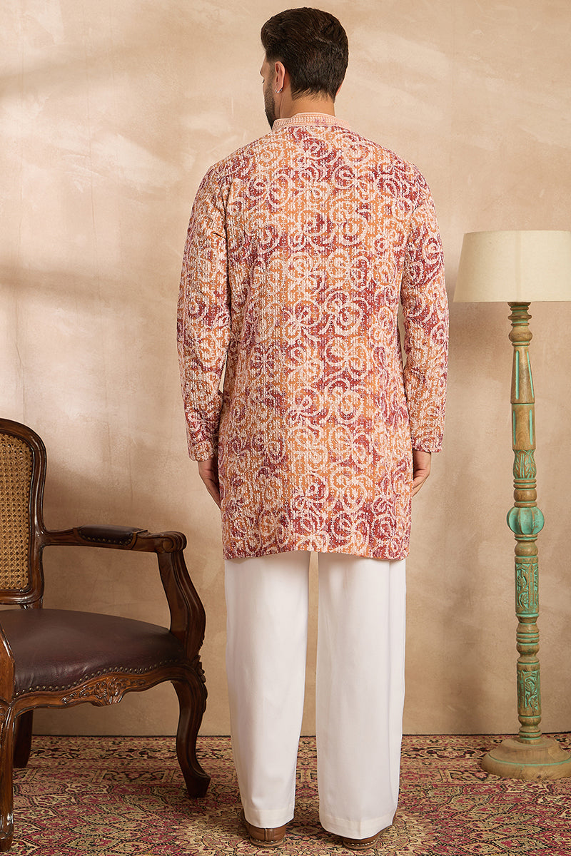 Orange Viscose Rayon Batik Embroidered Straight Kurta | SHOBITAM