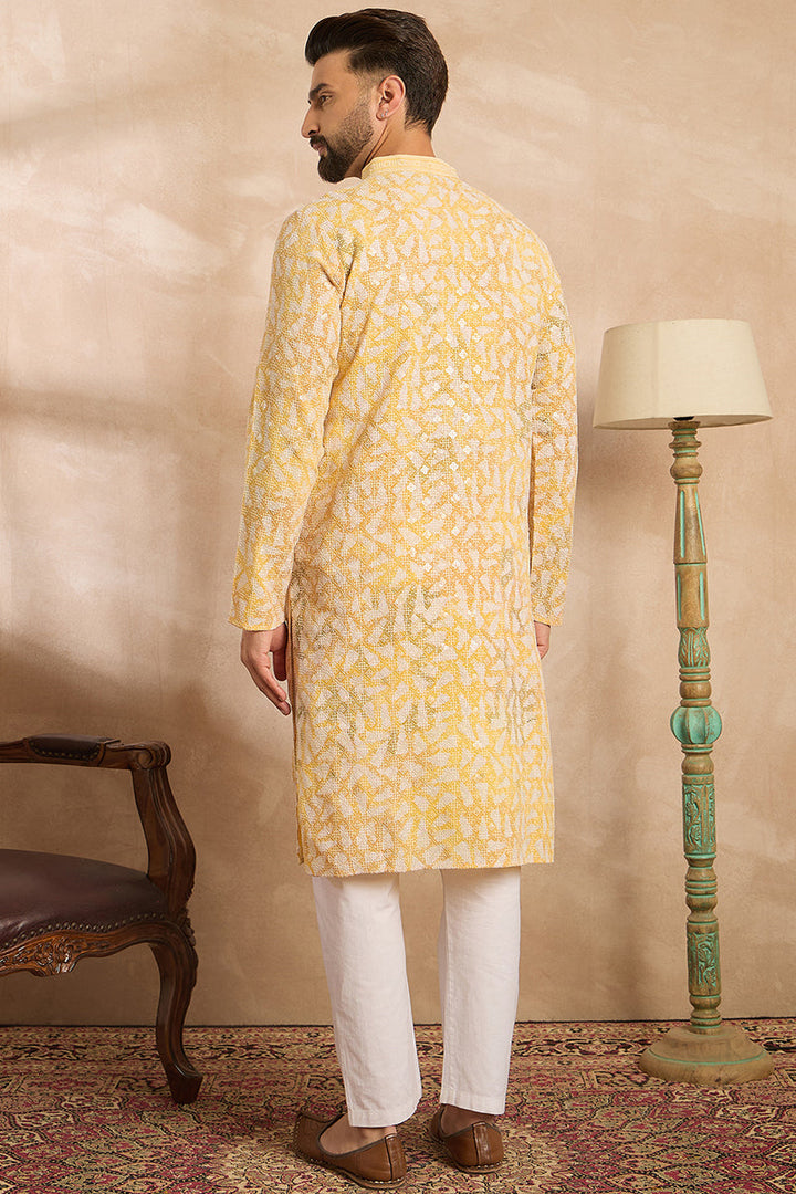 Yellow Viscose Rayon Solid Printed Straight Kurta With Trouser | SHOBITAM
