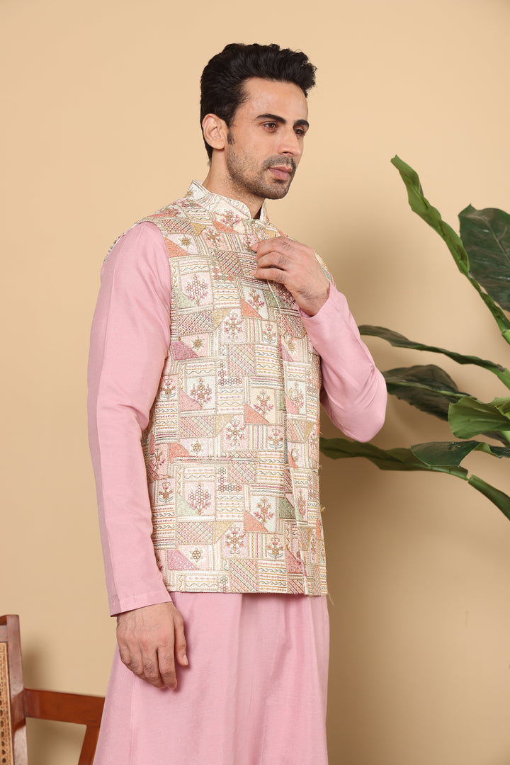 Men's Woven Design Multi-Colour Embroidered Nehru Jacket | SHOBITAM