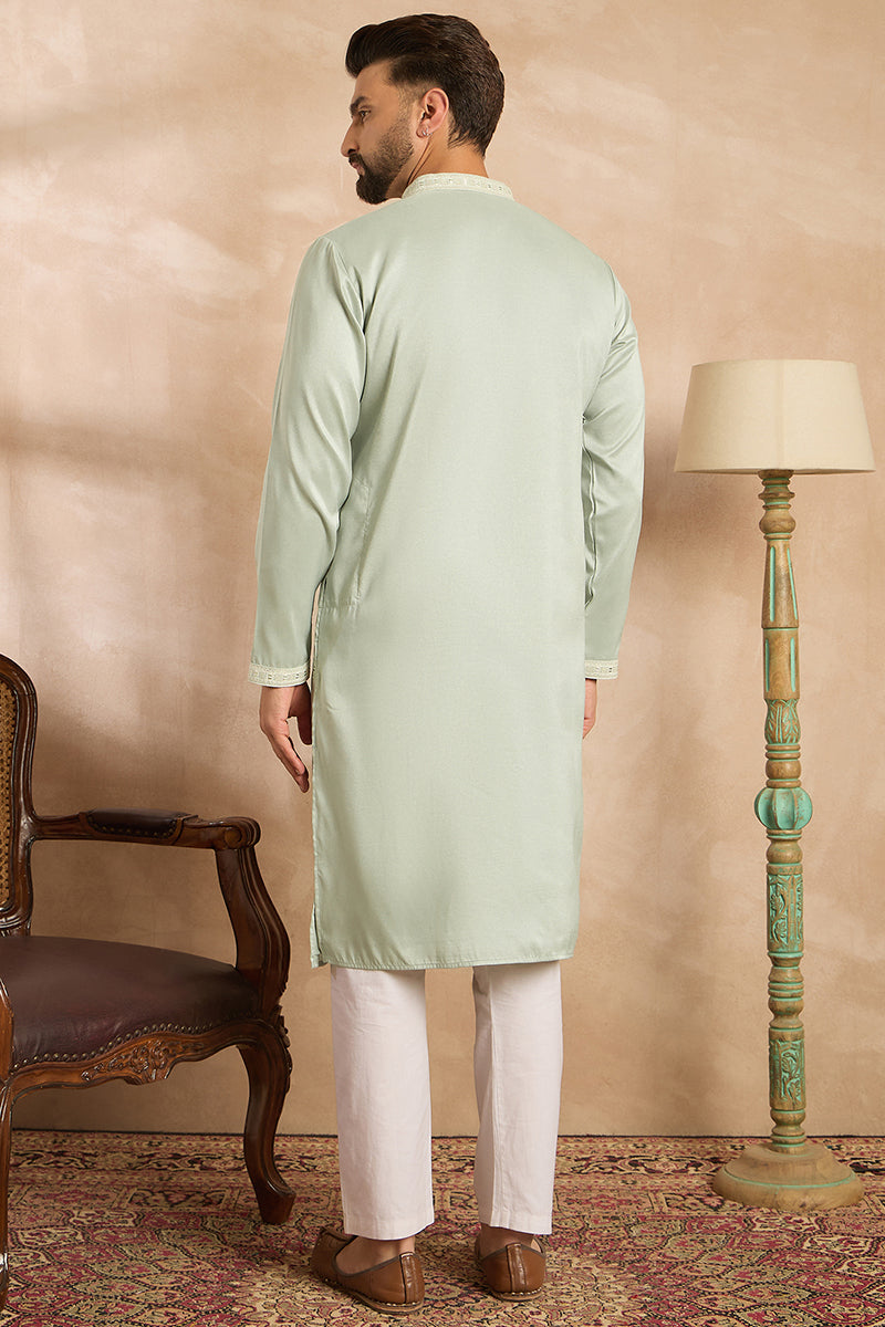 Green Silk Blend Geometric Embroidered Straight Kurta With Trouser | SHOBITAM