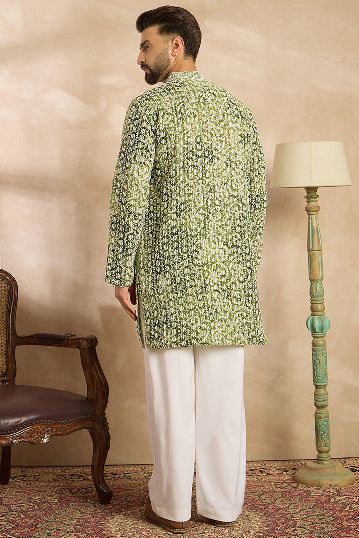 Green Viscose Rayon Batik Embroidered Straight Kurta With Trouser | SHOBITAM