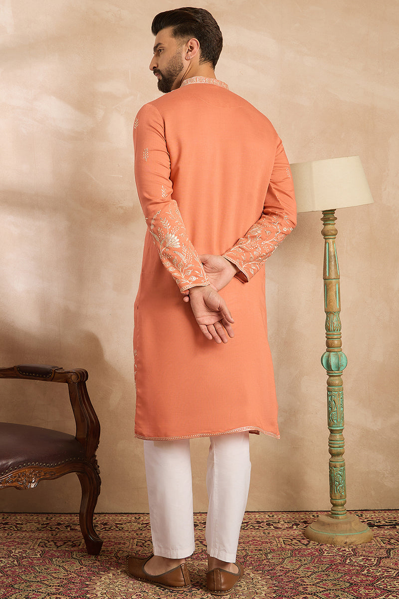 Peach Vartican Solid Embroidered Straight Kurta For Men | SHOBITAM