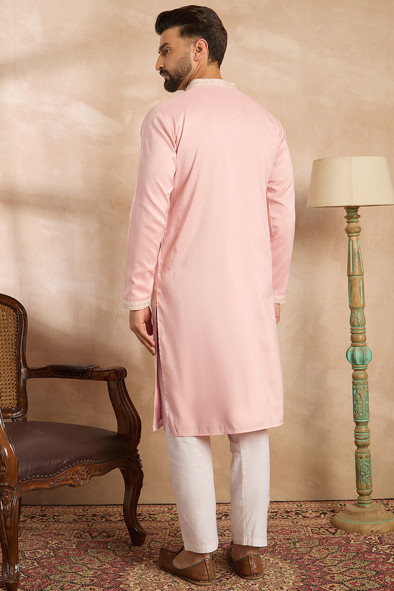 Pink Silk Geometric Embroidered Straight Kurta With Trouser | SHOBITAM