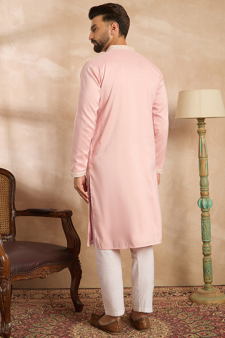 Pink Silk Geometric Embroidered Straight Kurta With Trouser | SHOBITAM