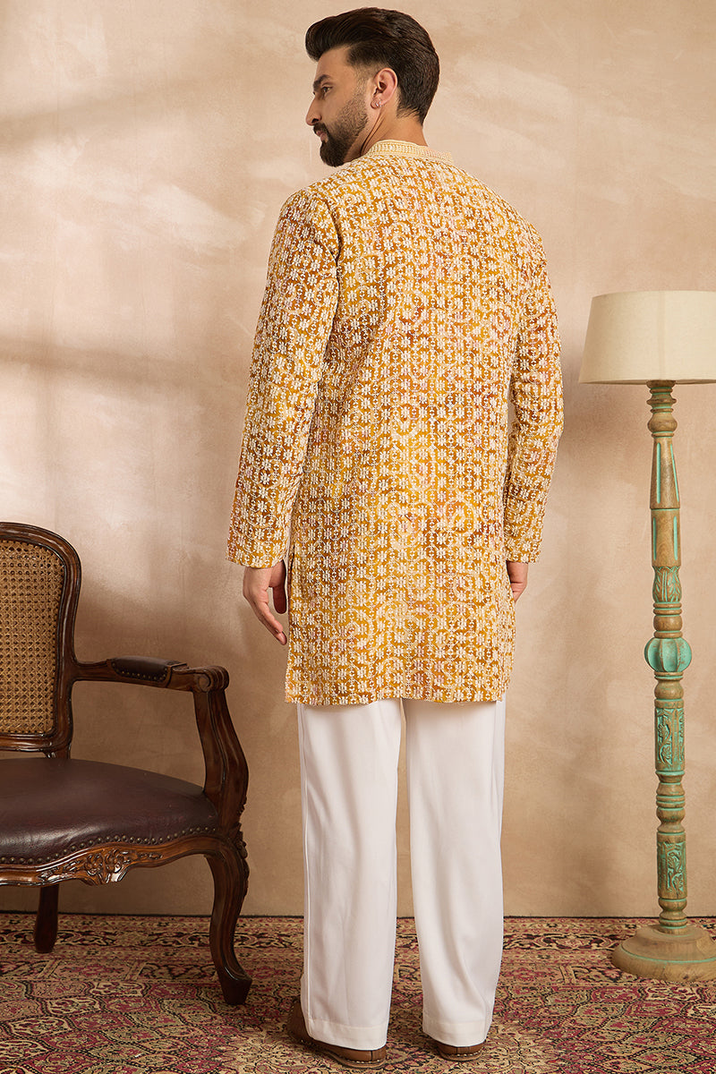 Yellow Viscose Rayon Batik Embroidered Straight Kurta | SHOBITAM