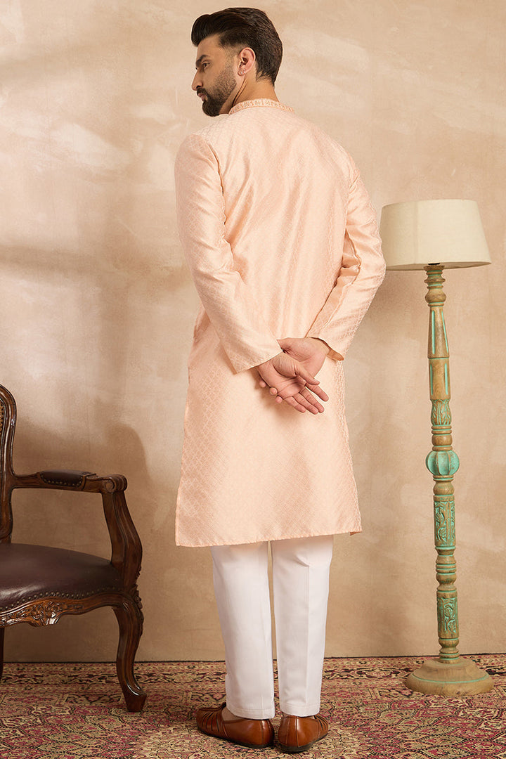 Peach Polyester Solid Embroidered Straight Kurta With Trouser | SHOBITAM