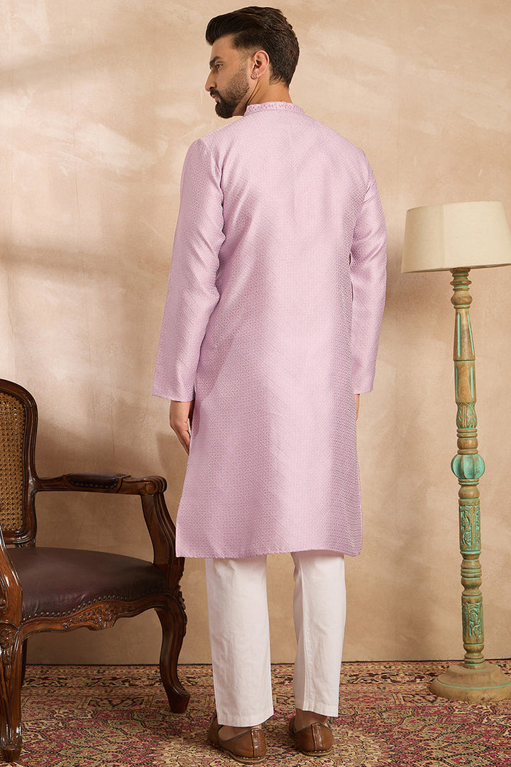 Lavender Polyester Solid Embroidered Straight Kurta | SHOBITAM
