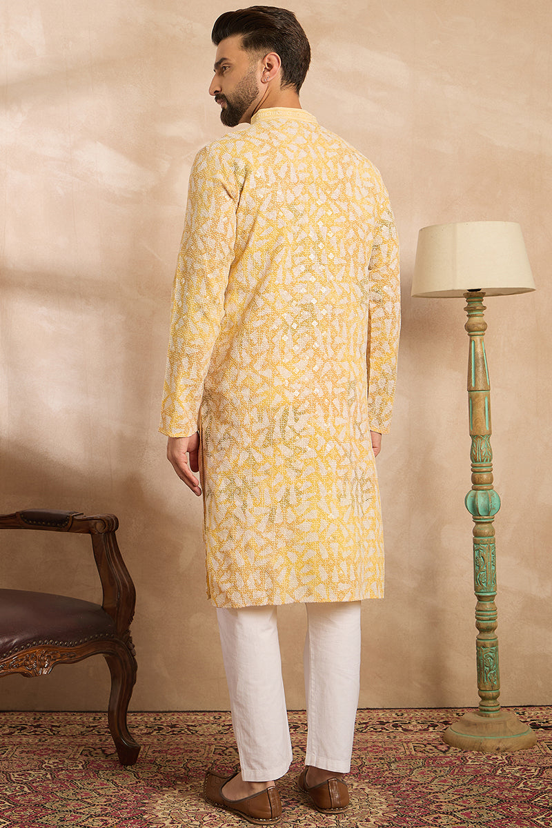 Yellow Viscose Rayon Printed Mandarin Collar Straight Kurta | SHOBITAM