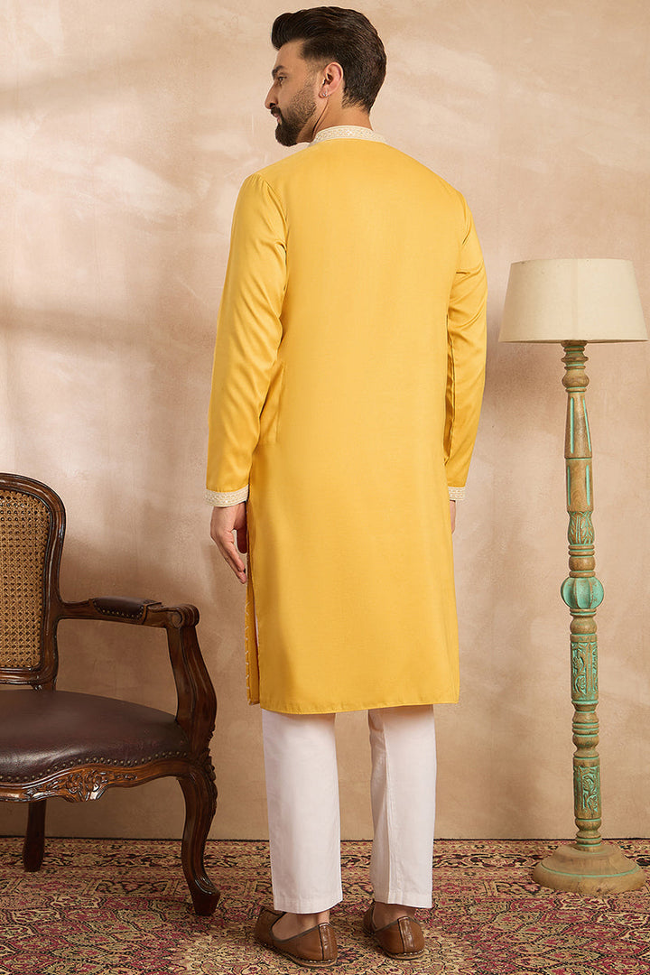 Yellow Silk Blend Solid Embroidered Straight Kurta With Trouser | SHOBITAM
