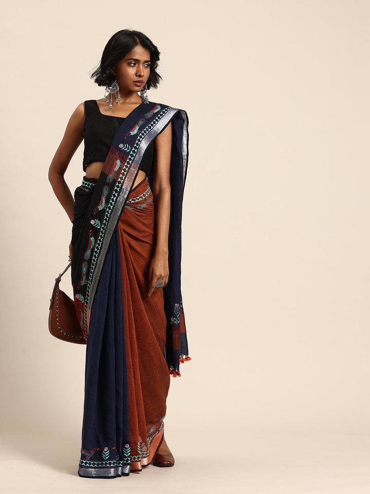 Handloom Navy Colour Block Cotton Kantha Saree | SHOBITAM