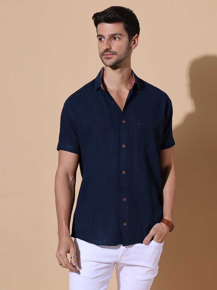 Ocean Blue Khadi Half Sleeve Cotton Shirt