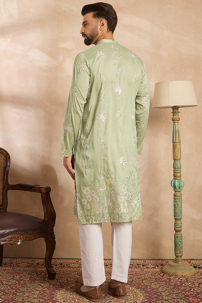 Olive Silk Blend Solid Embroidered Straight Kurta With Trouser | SHOBITAM
