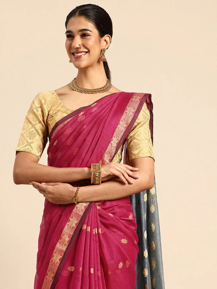 Magenta and Grey Zari Buti Silk Cotton Saree with Zari Border and Blouse Piece