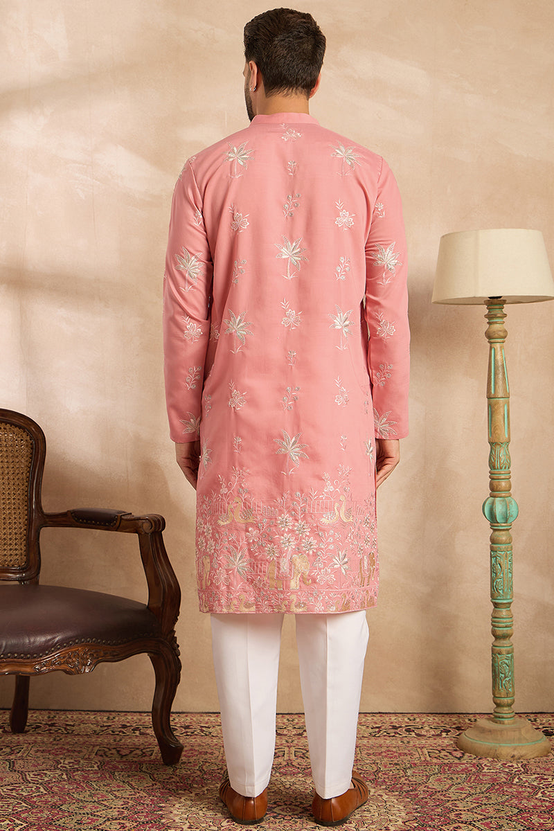 Pink Cotton Solid Embroidered Straight Kurta | SHOBITAM