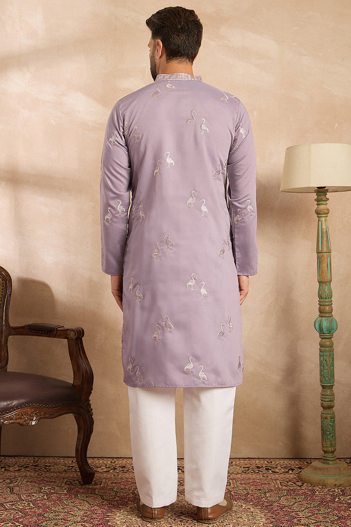 Lavender Silk Blend Solid Embroidered Straight Kurta | SHOBITAM