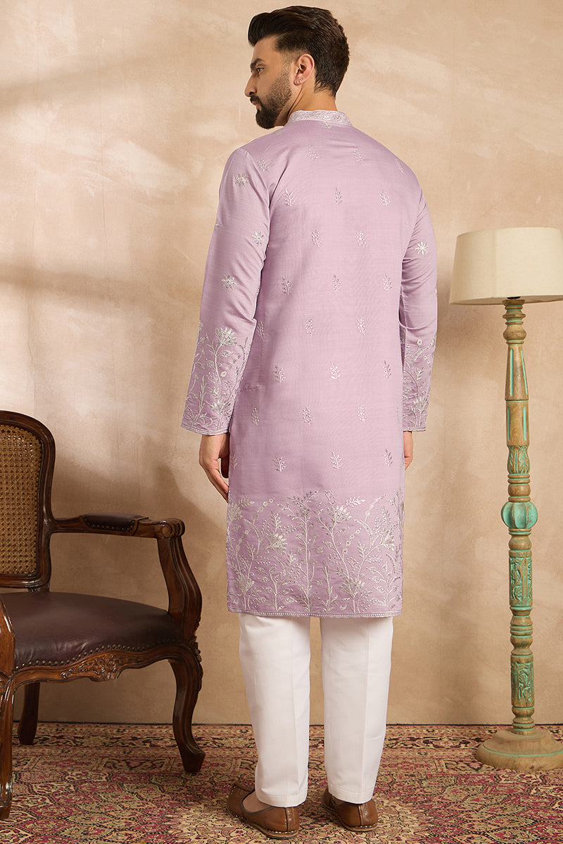 Lavender Silk Blend Floral Embroidered Straight Kurta | SHOBITAM