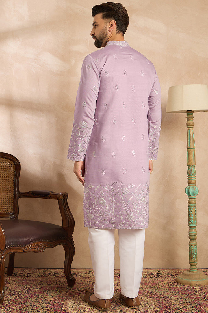 Lavender Silk Blend Floral Embroidered Straight Kurta | SHOBITAM