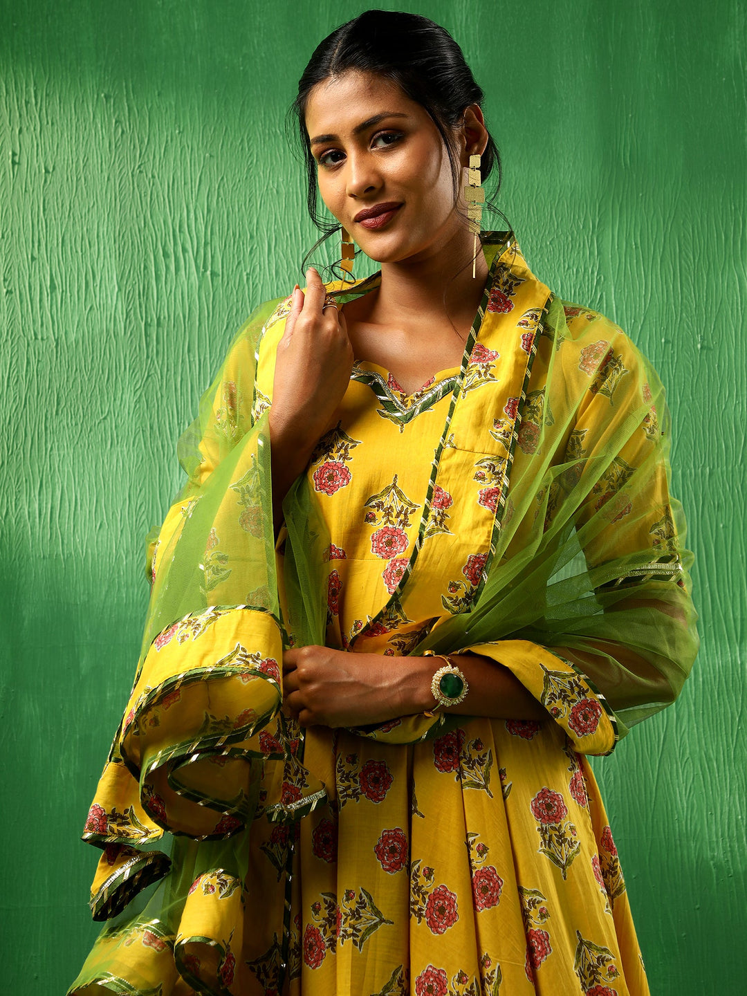 ADAA YELLOW COTTON ANARKALI SET | SHOBITAM
