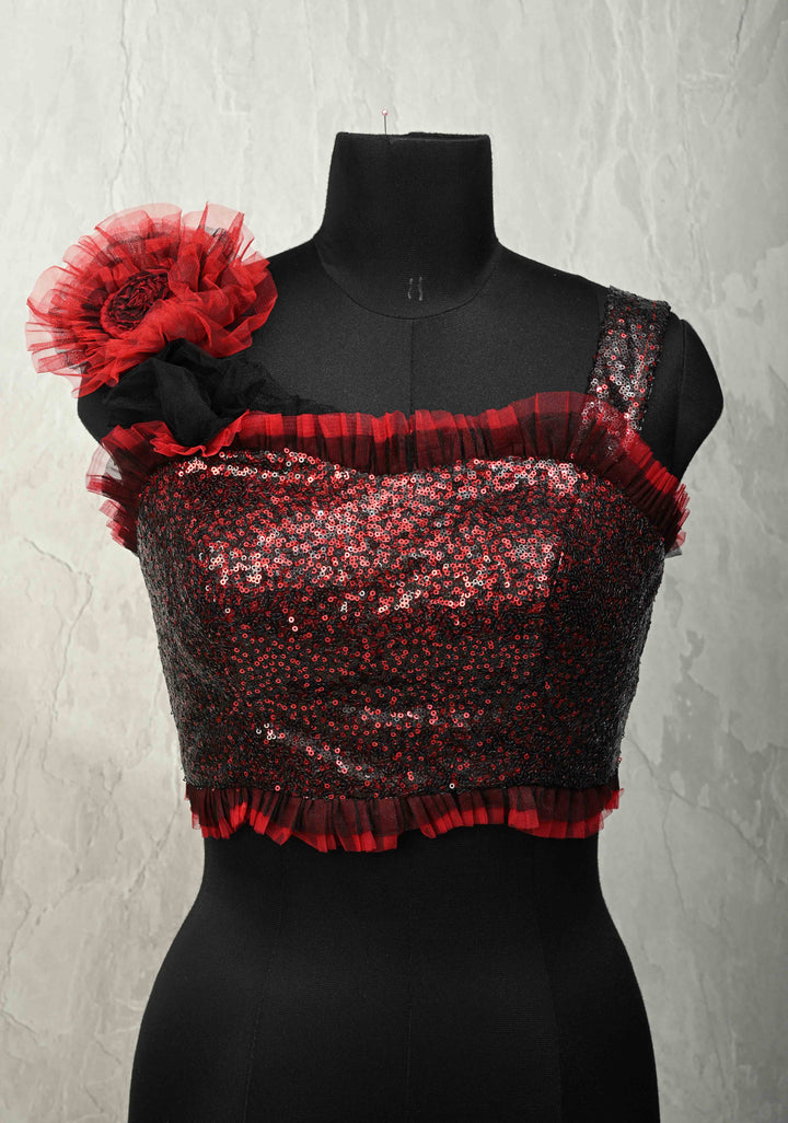 SIZE 36" Red & Black Sequin Corset Strappy Crop Top Blouse with Ruffled 3D Flower Detail and Lace-Up Back