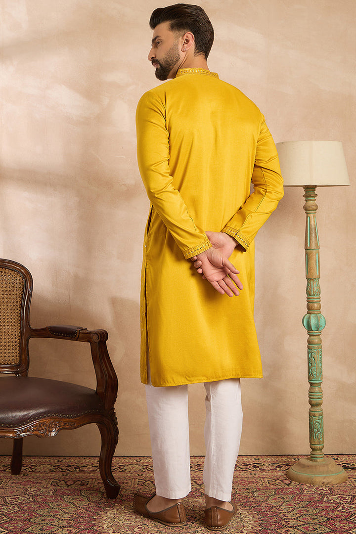 Yellow Silk Blend Geometric Embroidered Straight Kurta | SHOBITAM