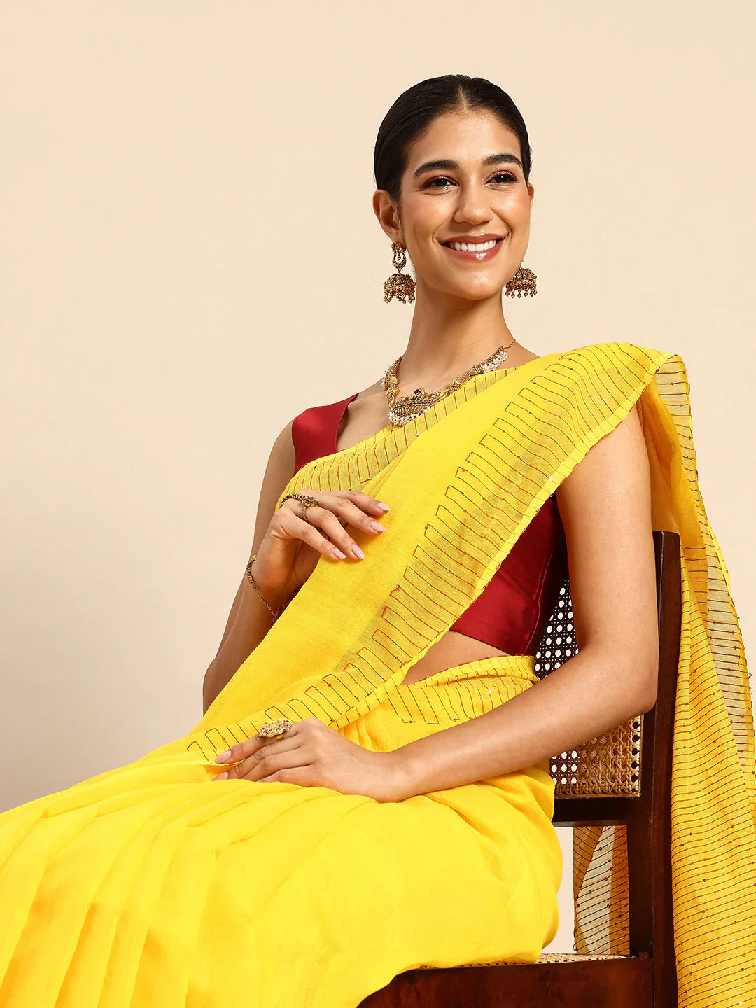 Yellow Silk Cotton Sequins Saree with Blouse Piece