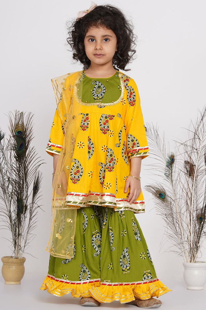 Girls Cotton Floral Jaipuri Kurta with Gunghroo work, Frill Sharara, and Dupatta | SHOBITAM