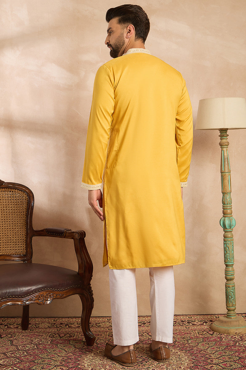 Yellow Silk Blend Geometric Embroidered Straight Kurta | SHOBITAM