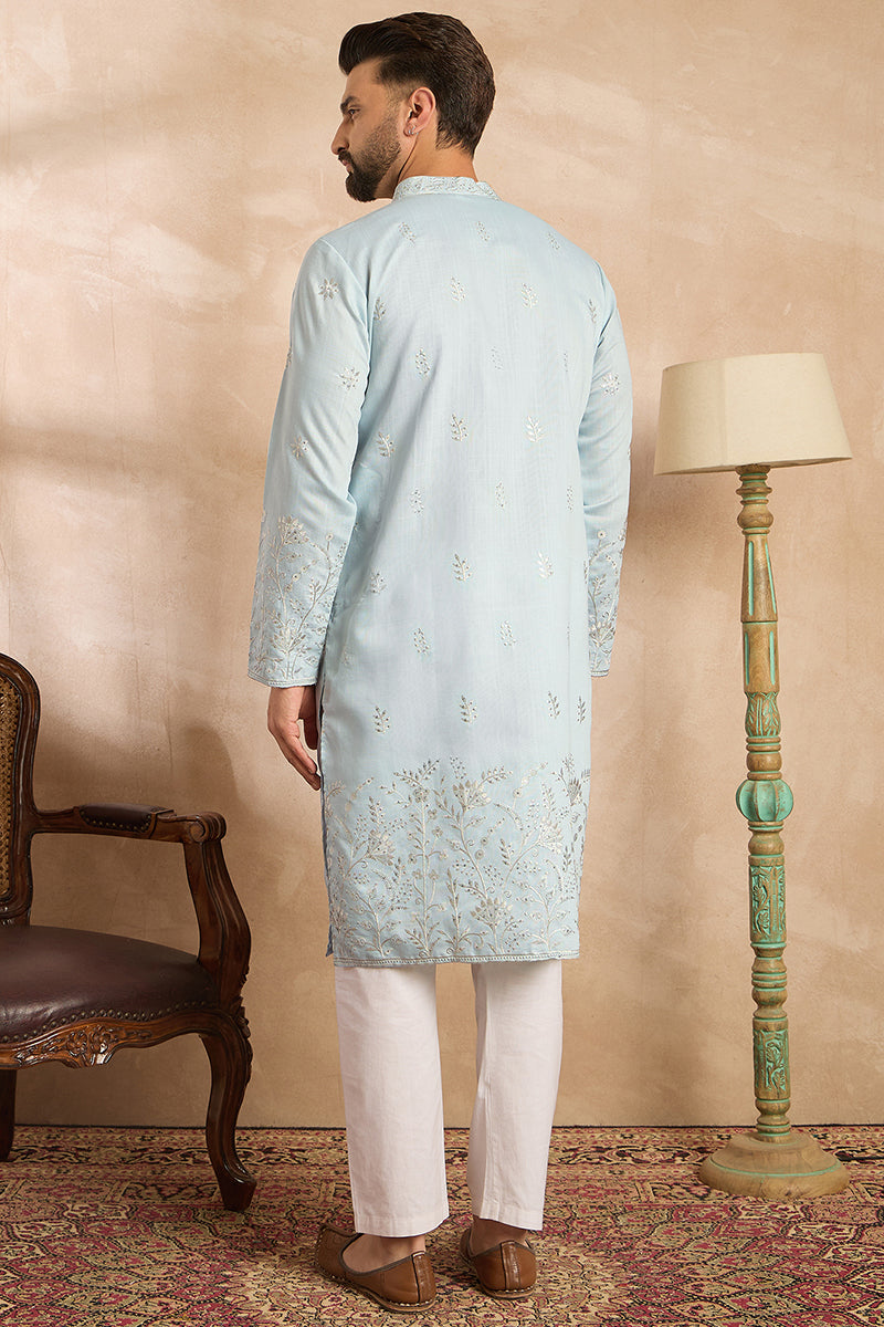 Blue Silk Blend Solid Embroidered Straight Kurta With Trouser For Men | SHOBITAM