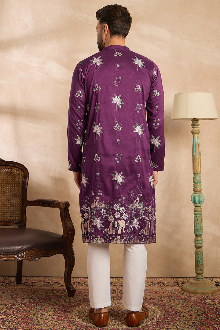 Purple Polyester Solid Embroidered Straight Kurta With Trouser | SHOBITAM