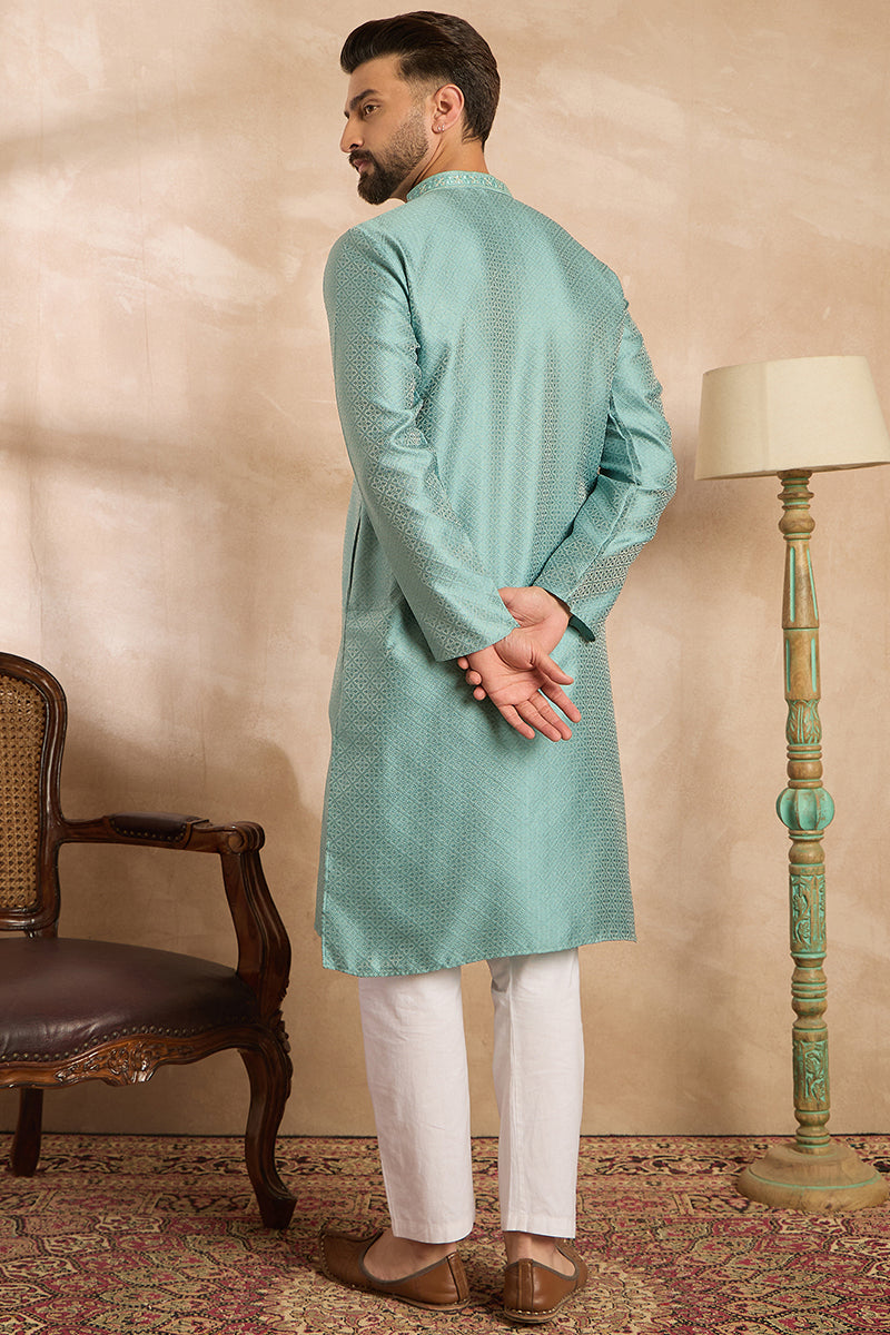 Green Polyester Solid Embroidered Straight Kurta | SHOBITAM