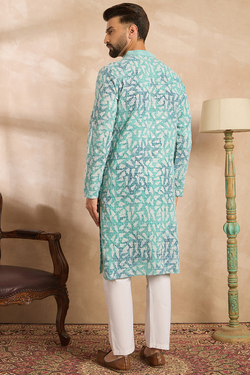 Teal Viscose Rayon Solid Printed Straight Kurta With Trouser| SHOBITAM