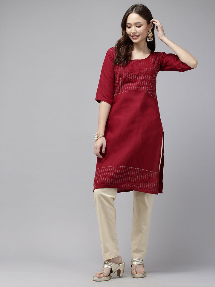 Maroon Kantha Cotton Kurta | SHOBITAM