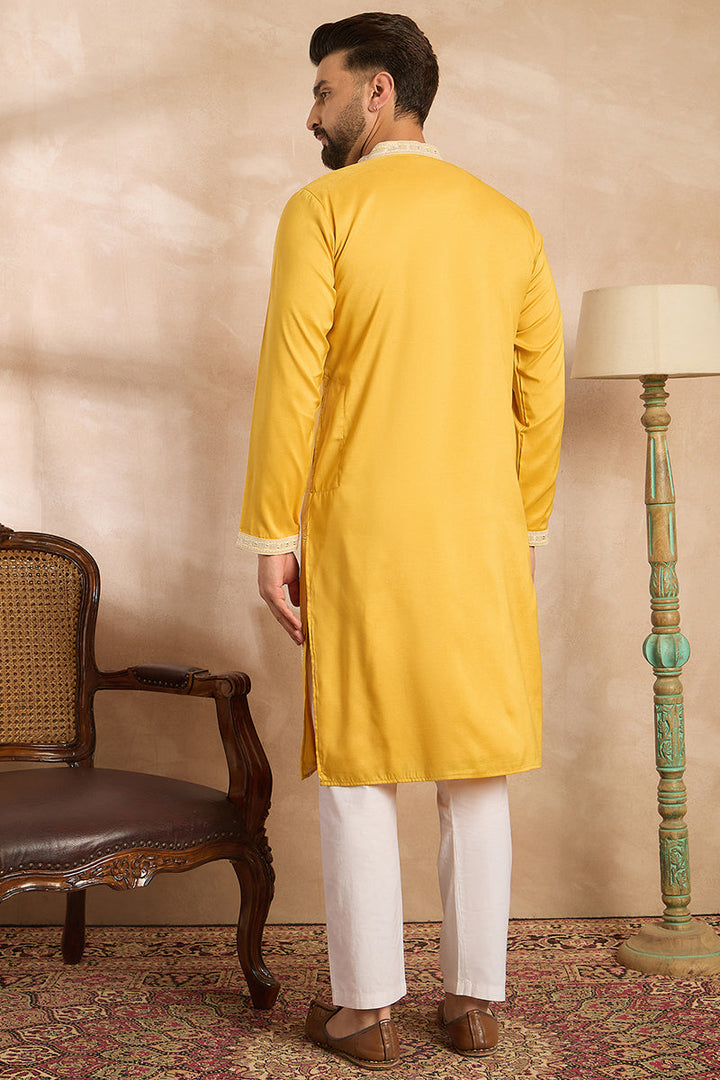 Yellow Silk Blend Geometric Embroidered Straight Kurta With Trouser | SHOBITAM