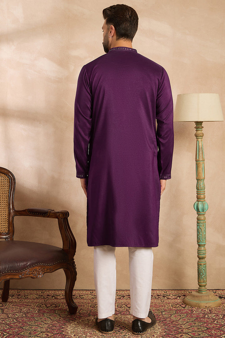 Purple Silk Blend Geometric Embroidered Straight Kurta  | SHOBITAM