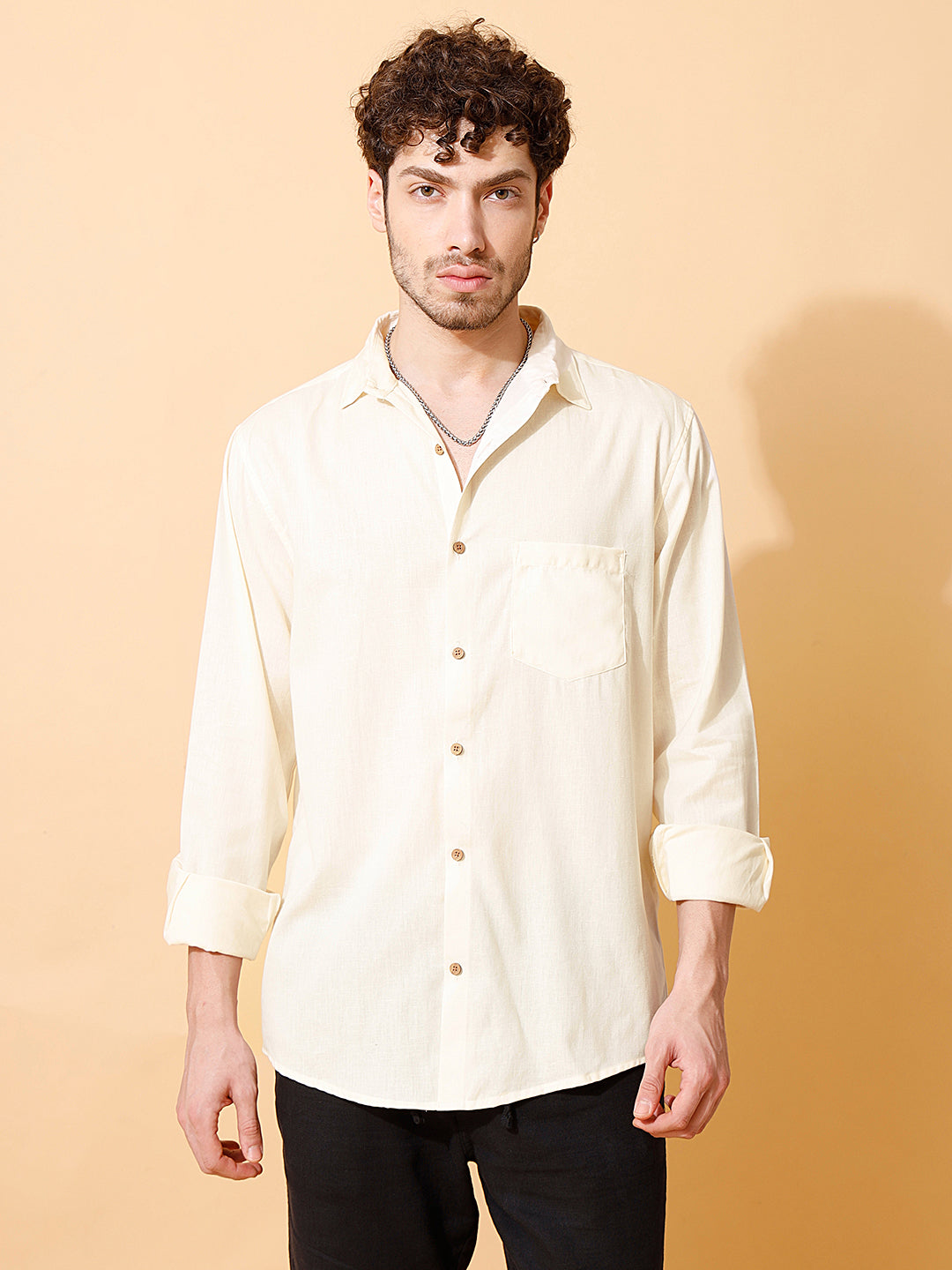 Men Handloom Cotton Solid Shirt – in Off White