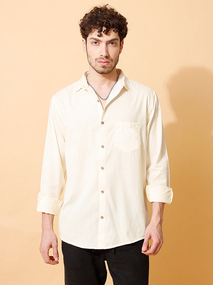 Men Handloom Cotton Solid Shirt – in Off White