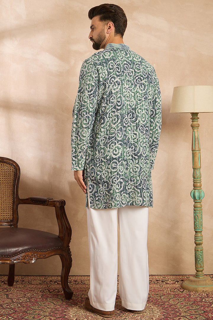 Green Viscose Rayon Batik Embroidered Straight Kurta With Trouser | SHOBITAM