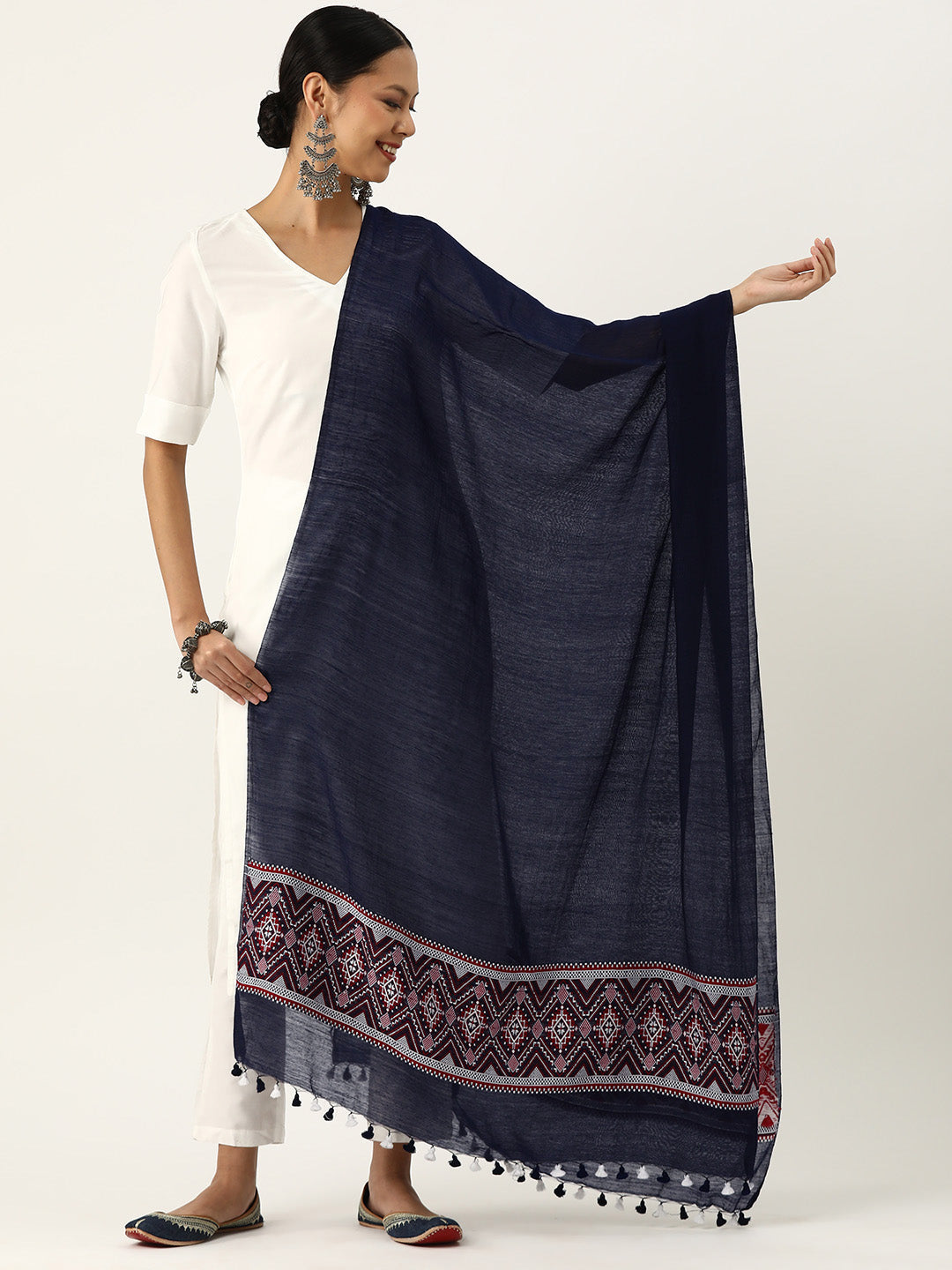 Navy,Red & White Assamese Silk Cotton Dupatta with tassels | SHOBITAM